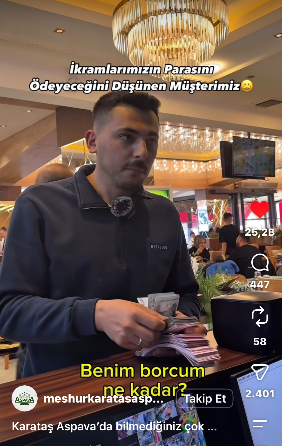 İkramların parasını ödeyeceğini sanan müşteri Reels ekran görüntüsü