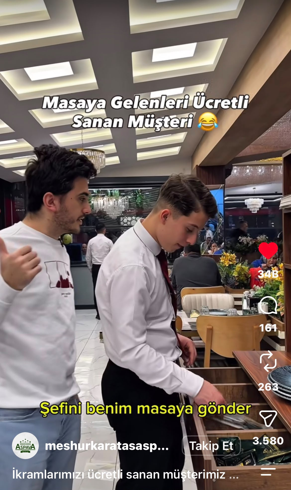 Masaya gelenleri ücretli sanan müşteri Reels ekran görüntüsü