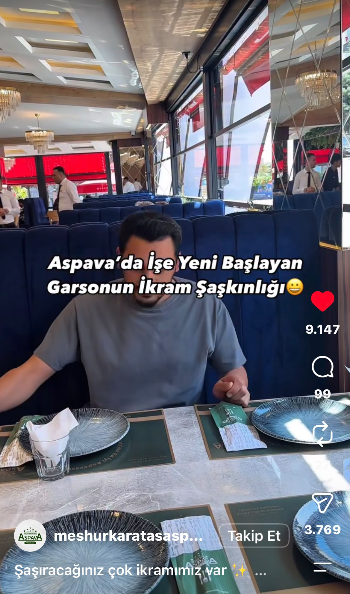 Yeni garsonun ikram şaşkınlığı Reels ekran görüntüsü